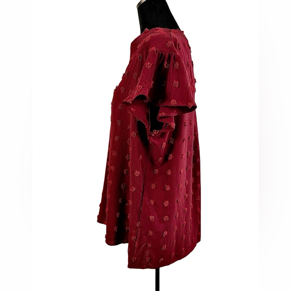 B. Burgundy Fuzzy Dot V-Neck Shirt XL Boho Flutter Sleeve Blouse Size M - Picture 5 of 7